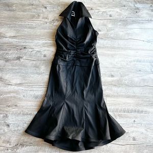 TADASHI SHOJI VTG Black Taffeta Ruched Collared Fit and Flare Dress Size…